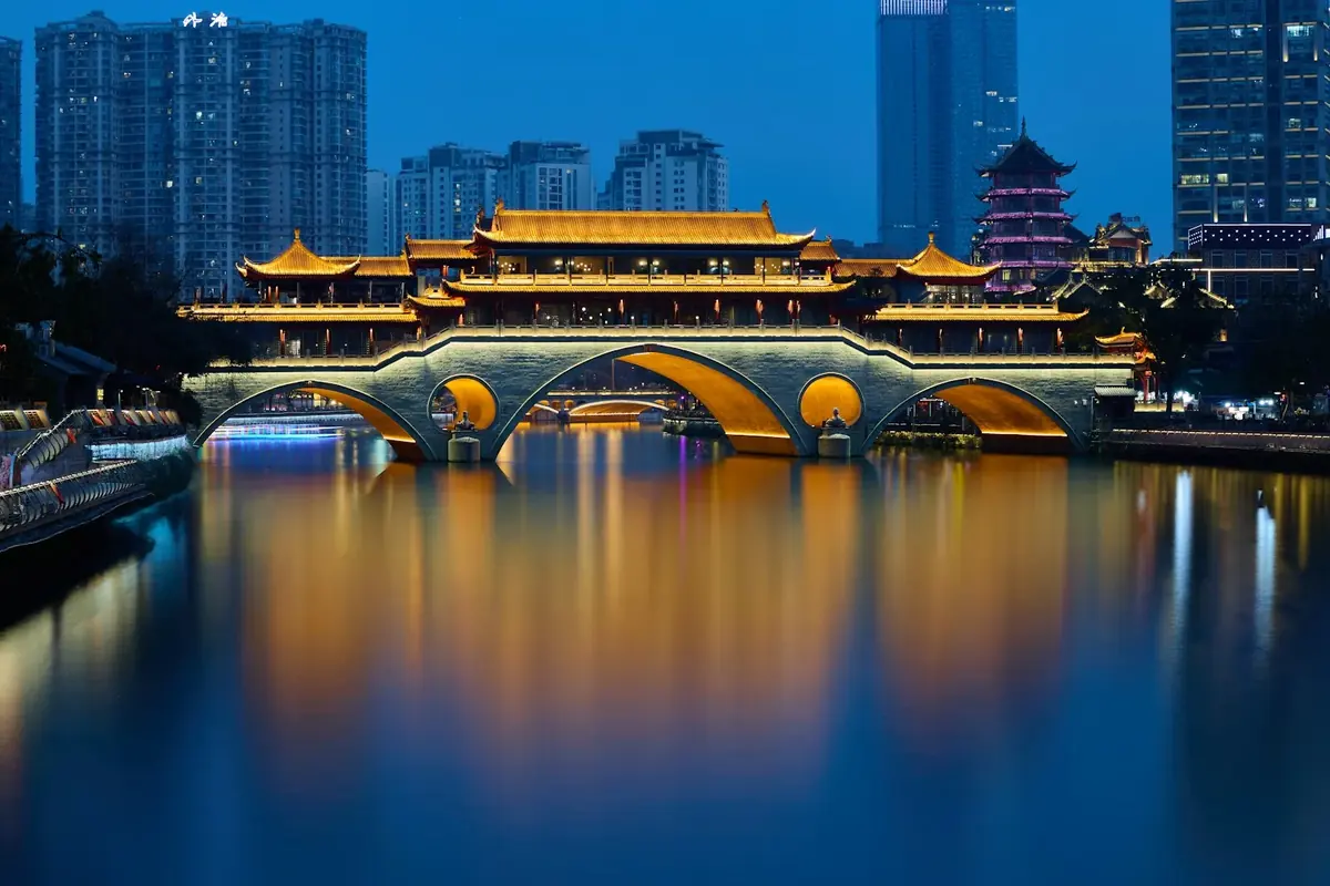 Anshun Bridge lit at night over the Jin River in central Chengdu