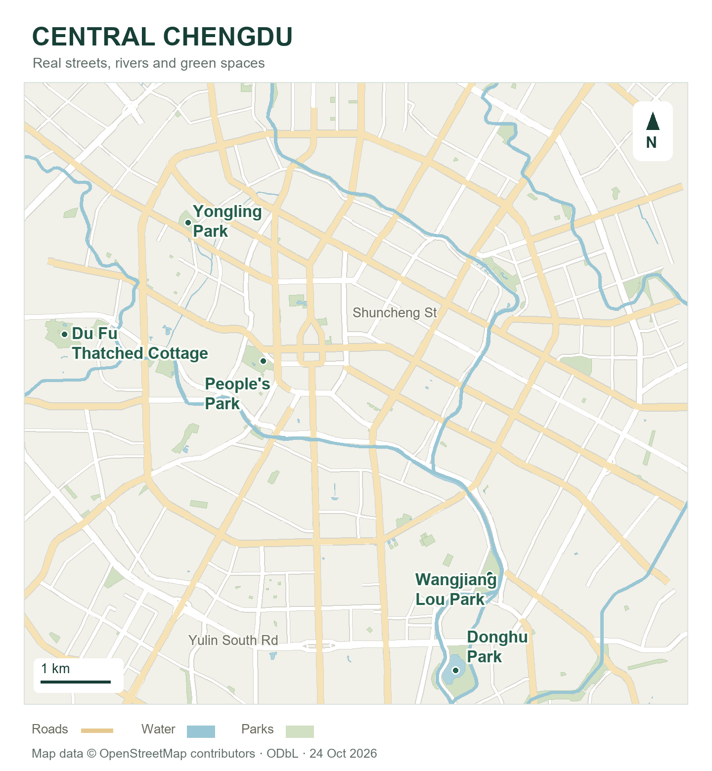 Static map of central Chengdu drawn from real street, river and park data, including People’s Park, Du Fu Thatched Cottage and Wangjiang Lou Park