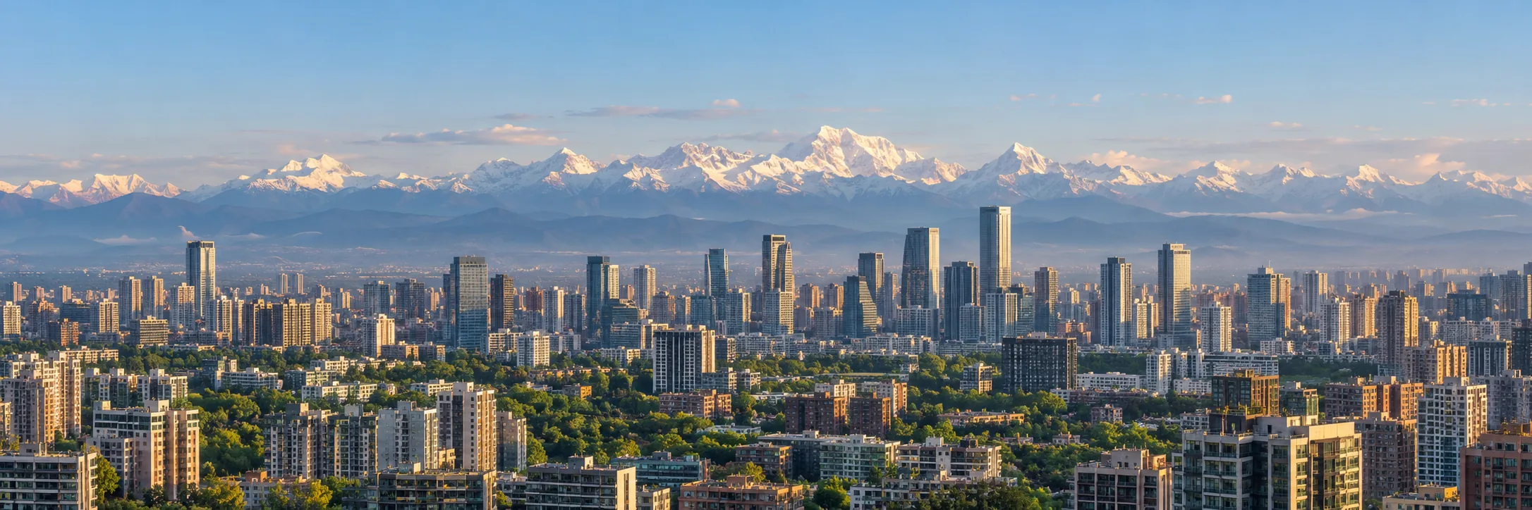 AI-generated panoramic illustration of Chengdu's modern skyline with distant sunlit snow mountains