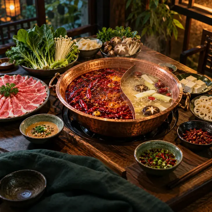 AI-generated illustration of Sichuan hotpot with fresh vegetables and dipping bowls
