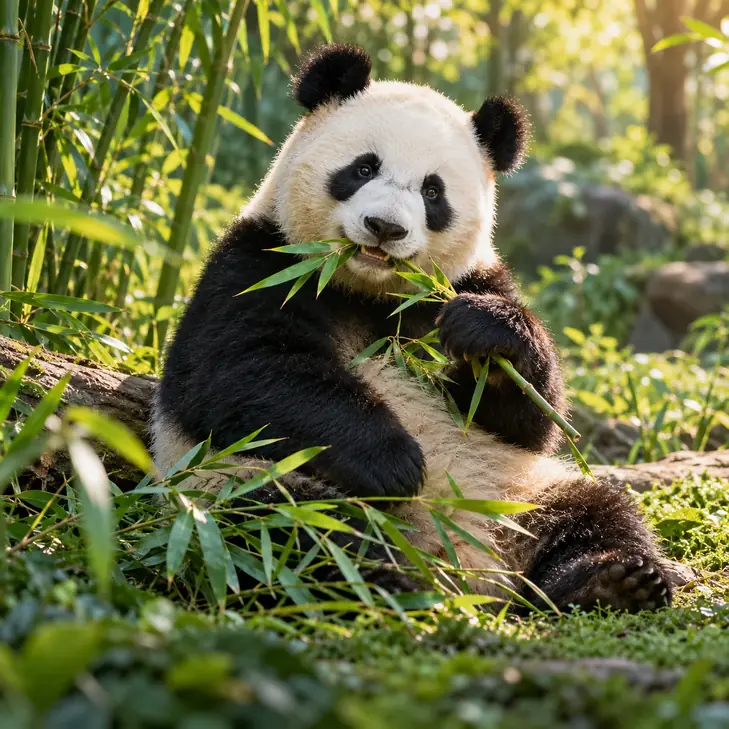 AI-generated illustration of a giant panda eating bamboo in a leafy habitat