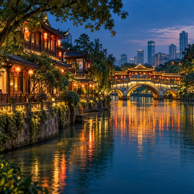 AI-generated illustration of a Chengdu-inspired riverfront with lanterns and a covered bridge at dusk