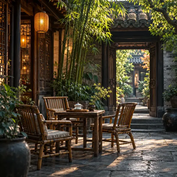 AI-generated illustration of a traditional teahouse courtyard with bamboo chairs and a porcelain tea bowl