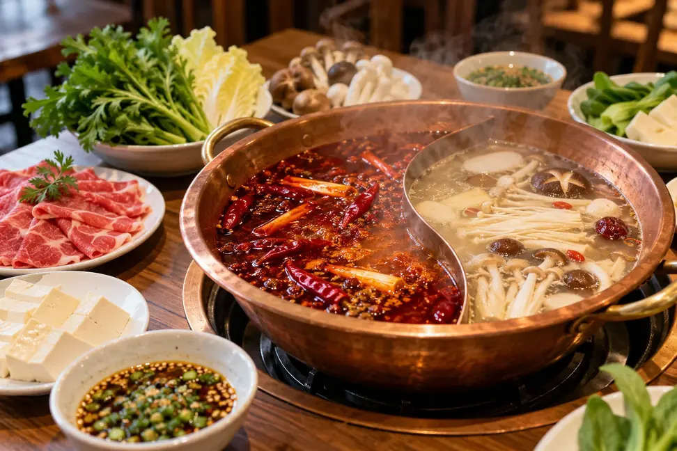 Illustration of a split hotpot with red chili broth, clear mushroom broth and fresh ingredients