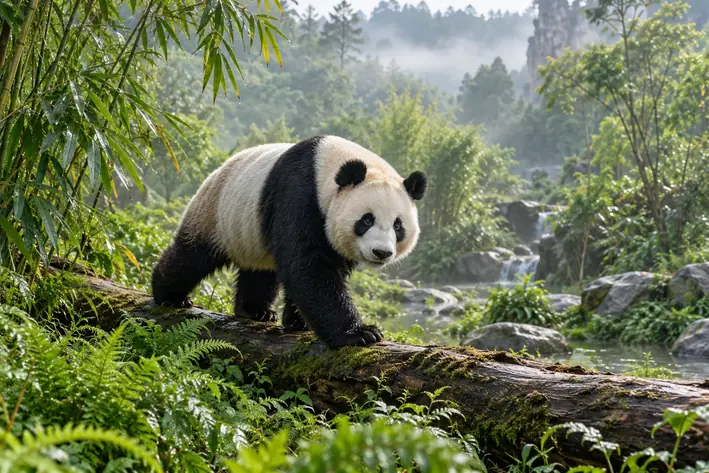 Illustration of a giant panda walking along a log in a green habitat