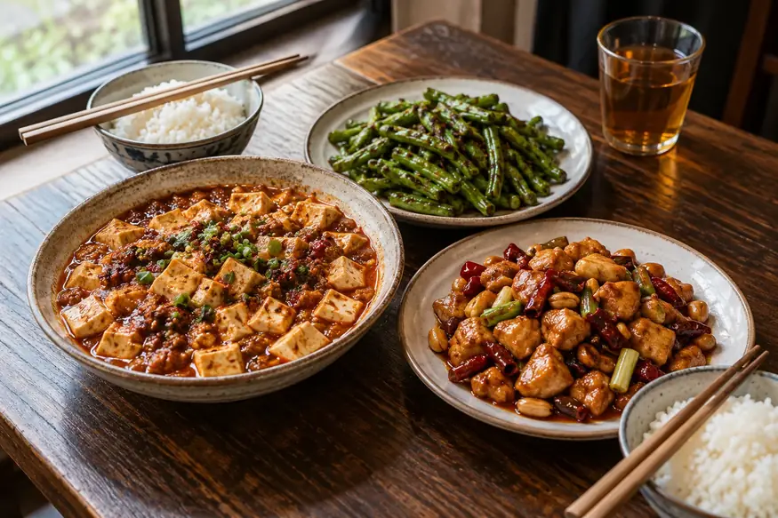Illustration of mapo tofu, kung pao chicken, green beans and rice beside a restaurant window