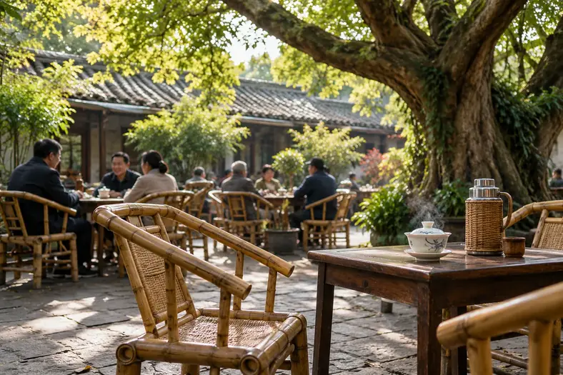Illustration of bamboo tea chairs and a gaiwan beneath a tree in a Chengdu-style courtyard