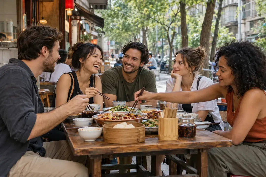 AI-generated illustration of international travelers sharing Sichuan food and conversation at a Chengdu neighborhood restaurant
