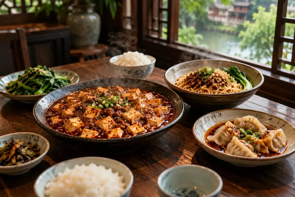 AI-generated illustration of mapo tofu, dan dan noodles and dumplings on a Sichuan dining table