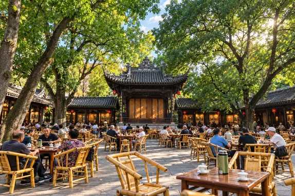 AI-generated Chengdu-style open-air teahouse with bamboo chairs, tea tables, a small stage and people drinking tea under mature trees